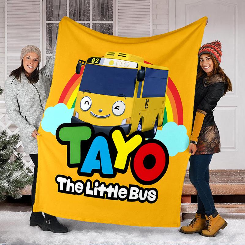 1pc Tayo The Little Bus2 Theme Soft Flannel Throw Blanket - Digital Print, Polyester, Cozy for All Seasons, Perfect for Outdoor, and Travel