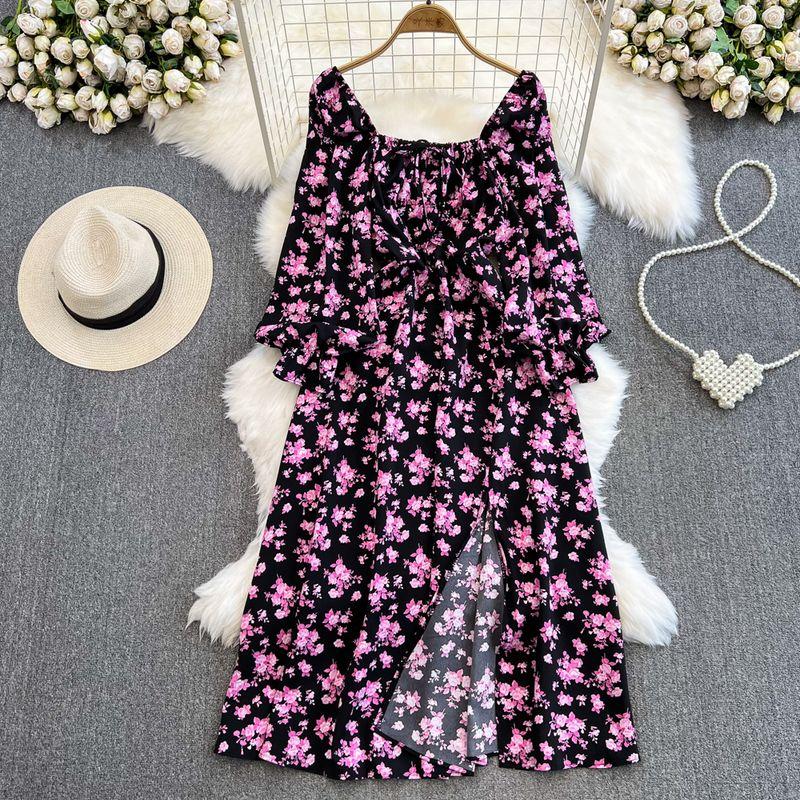 Spring and Autumn Long Sleeves A- Line Elegance Print Dress