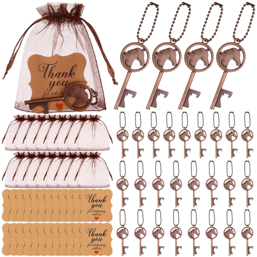 24 набора Открывалка для бутылок в виде лошади Оптовая брелок с карточкой «Спасибо» Мешочки из органзы Тематический подарок для свадебных, юбилейных и праздничных украшений