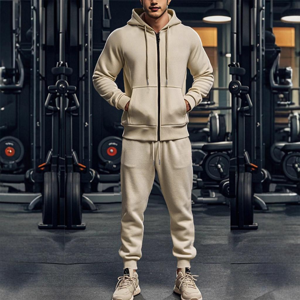Мужской однотонный спортивный костюм с капюшоном и длинными рукавами, флисовый теплый костюм-двойка
