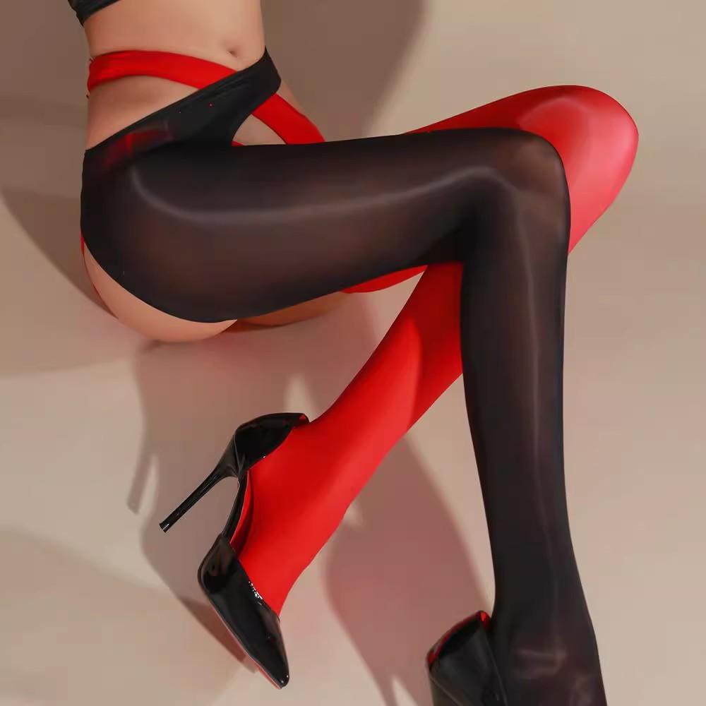 Контрастный цвет Женские сексуальные чулки Масло Блестящие колготки Танцы на пилоне Открытая промежность Клубная одежда Прозрачные Шелковистые на ощупь Эротические колготки