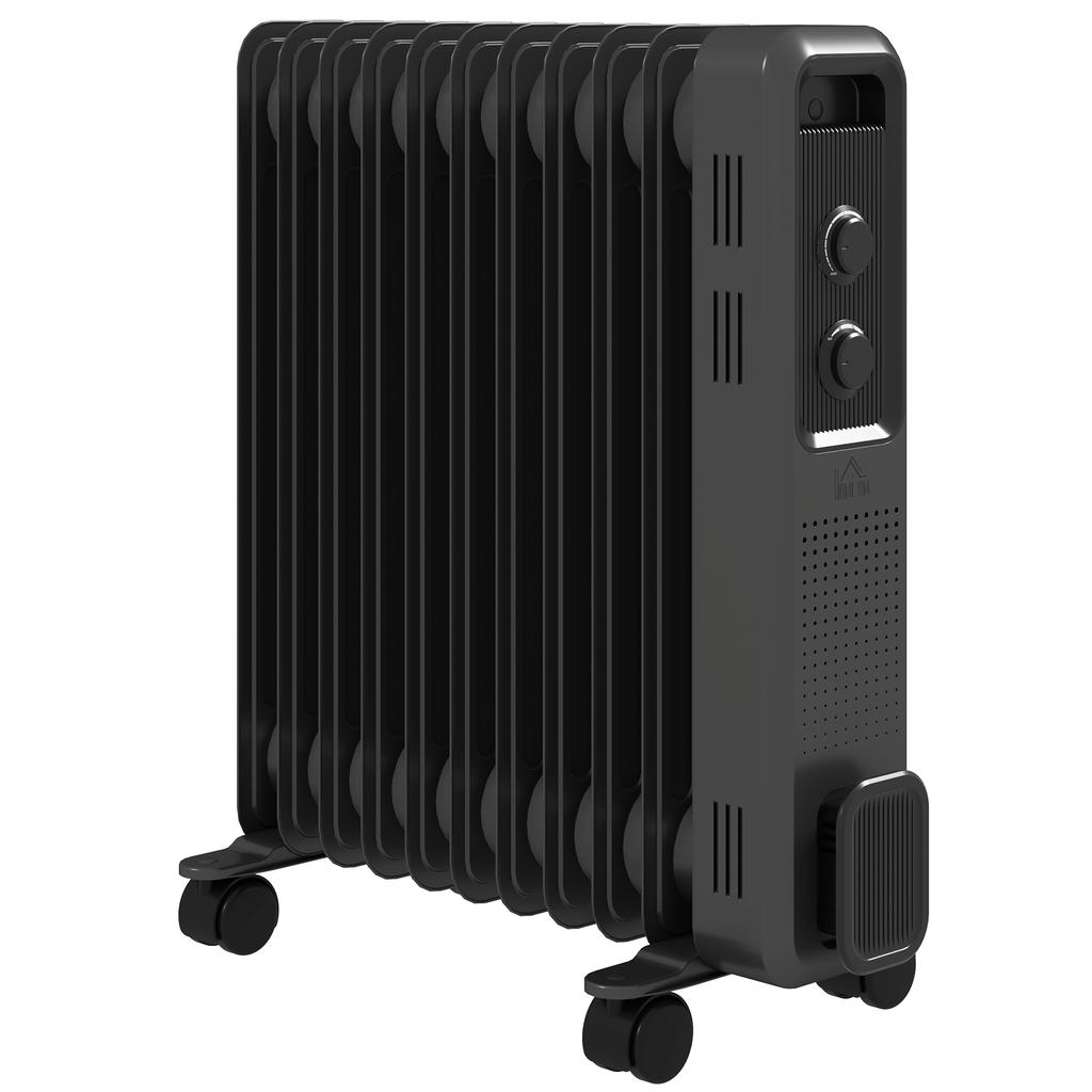 2500W Oil Filled Radiator, 11 Fin, Portable Electric Heater with 3 Heat Settings, Safety Cut-Off and Wheels, Grey