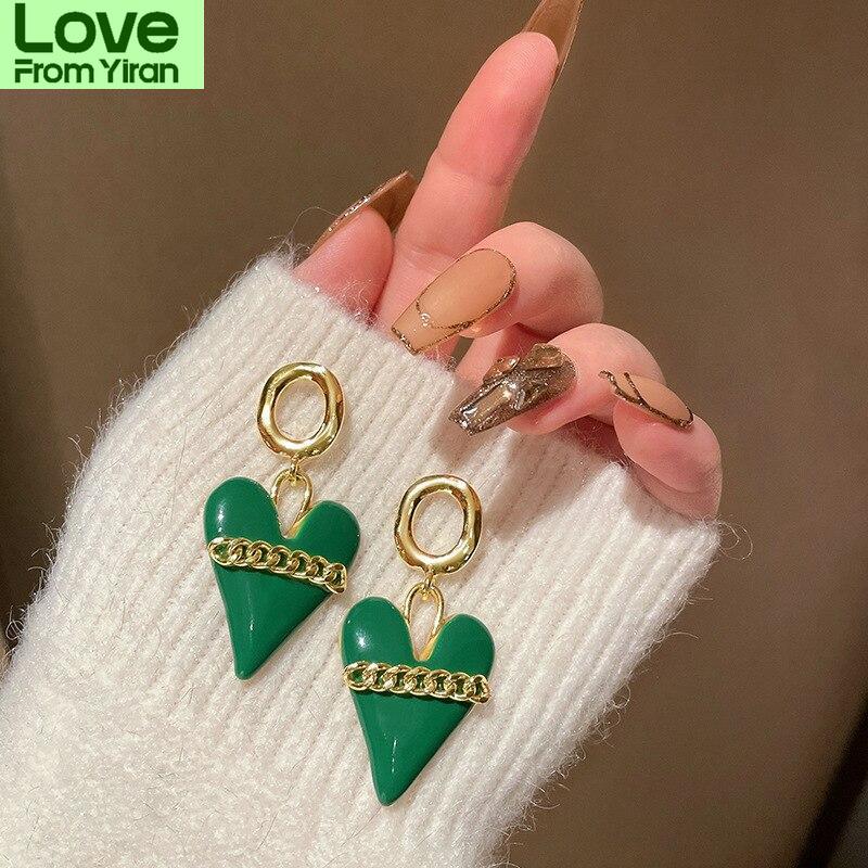 Trendy Style Fashionable Gorgeous Green Heart Metallic Dangle Earrings Latest Korean Style Brincos JewelryFashion Dangle