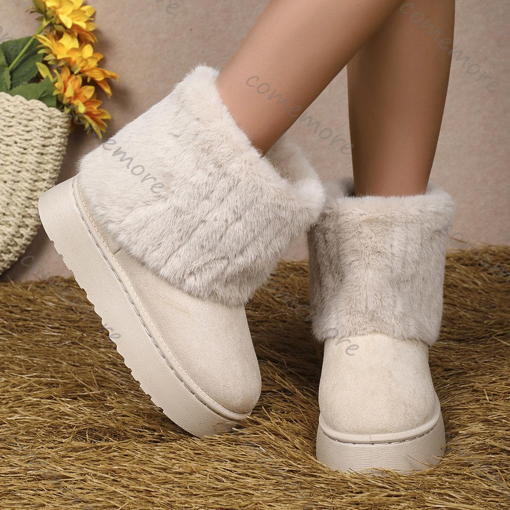 Отпразднуйте Женские Зимние Бежевые Снежные Ботинки с Круглым Носком, Теплые, Утепленные Плюшем, на Толстой Подошве, Повседневные, Удобные, Однотонные, Меховые Короткие Ботинки