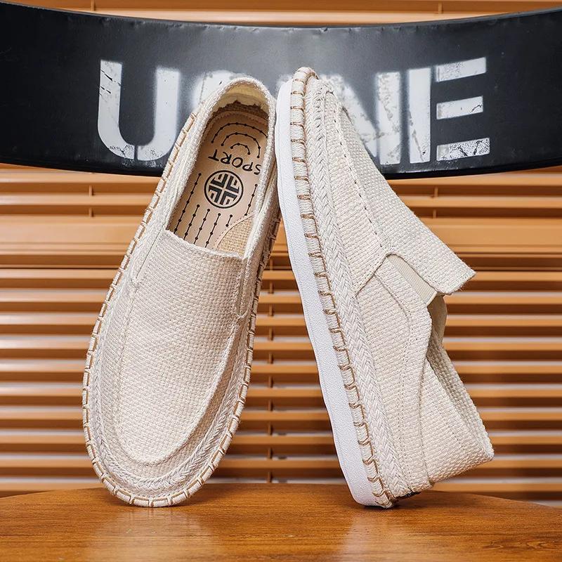 Мужская льняная повседневная обувь Простые дышащие слипоны Лоферы Плоские туфли рыбака