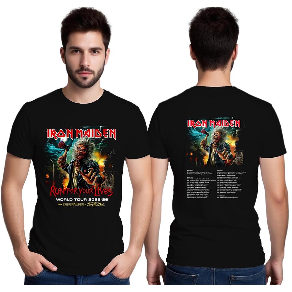 Хлопковая футболка оверсайз в стиле Y2K с принтом тура Iron Maiden 'Run For Your Lives' 2025-26