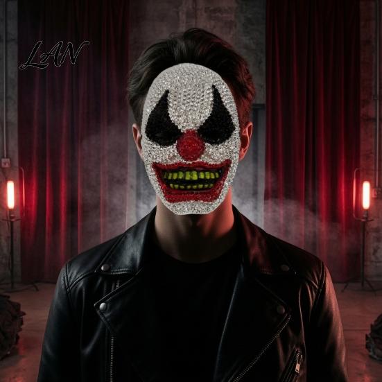 Clown Cosplay Mask Halloween Rhinestone Mask, Creepy Joker Full Face Sparkling Scary for Masquerade Costume Party