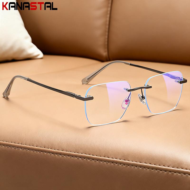 Men Pure Titanium Rimless Eyeglasses Frame Women Blue Light Blocking Lens Frameless Glasses Prescription Myopia Reading Eyewear