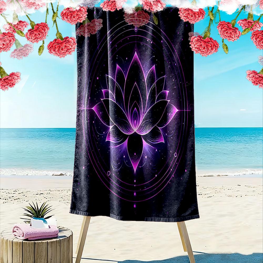 Glowing Purple Lotus with Cosmic Design Patterned beach towel quick dry perfect for travel outdoor sports jogging the beach and swimming