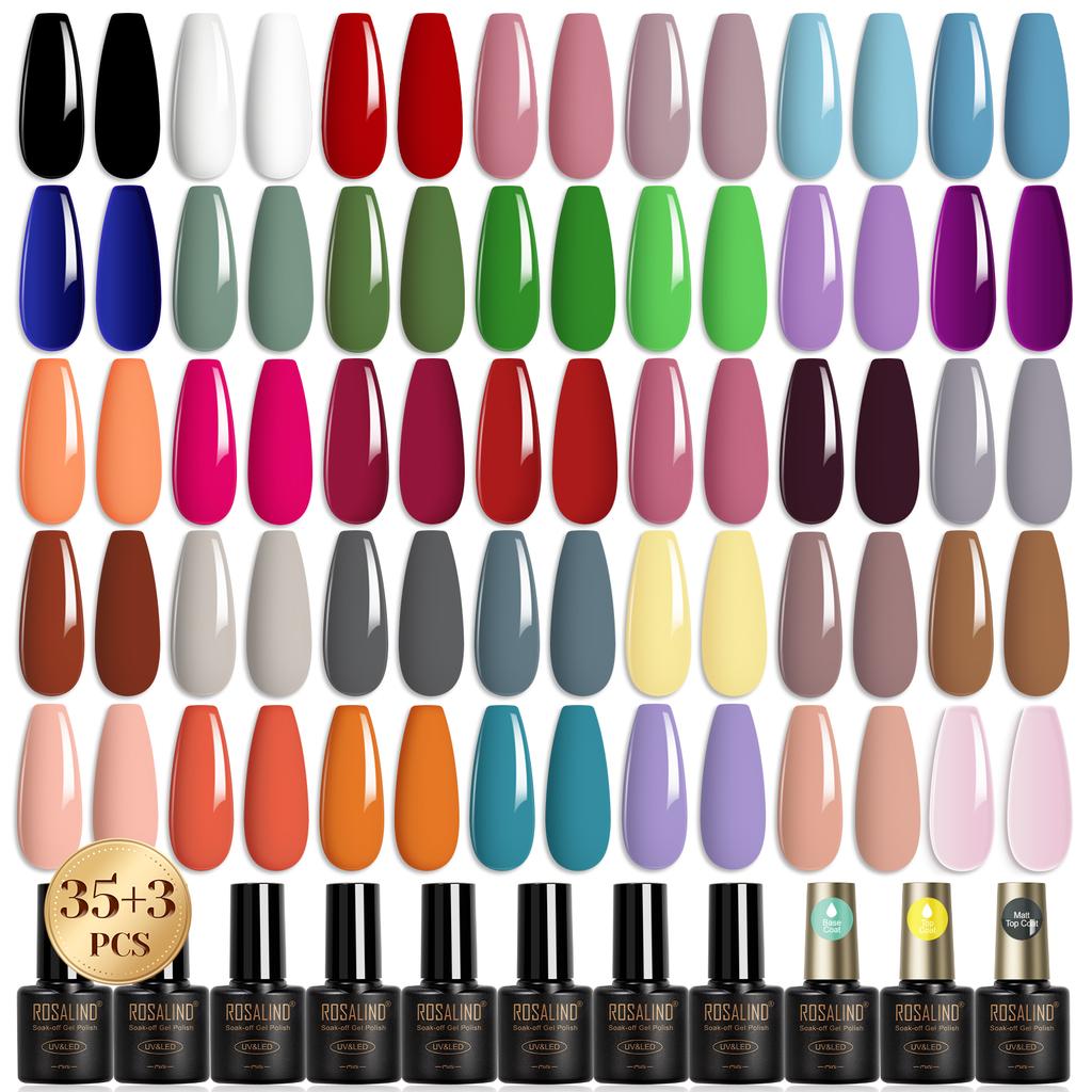 Набор гелей для ногтей ROSALIND, 38 шт., 35 цветов, гель-лак для ногтей, отмачиваемый базовый слой, матовый верхний маникюр для ногтей, УФ-светодиодный полупостоянный лак, набор гелей для дизайна ногтей