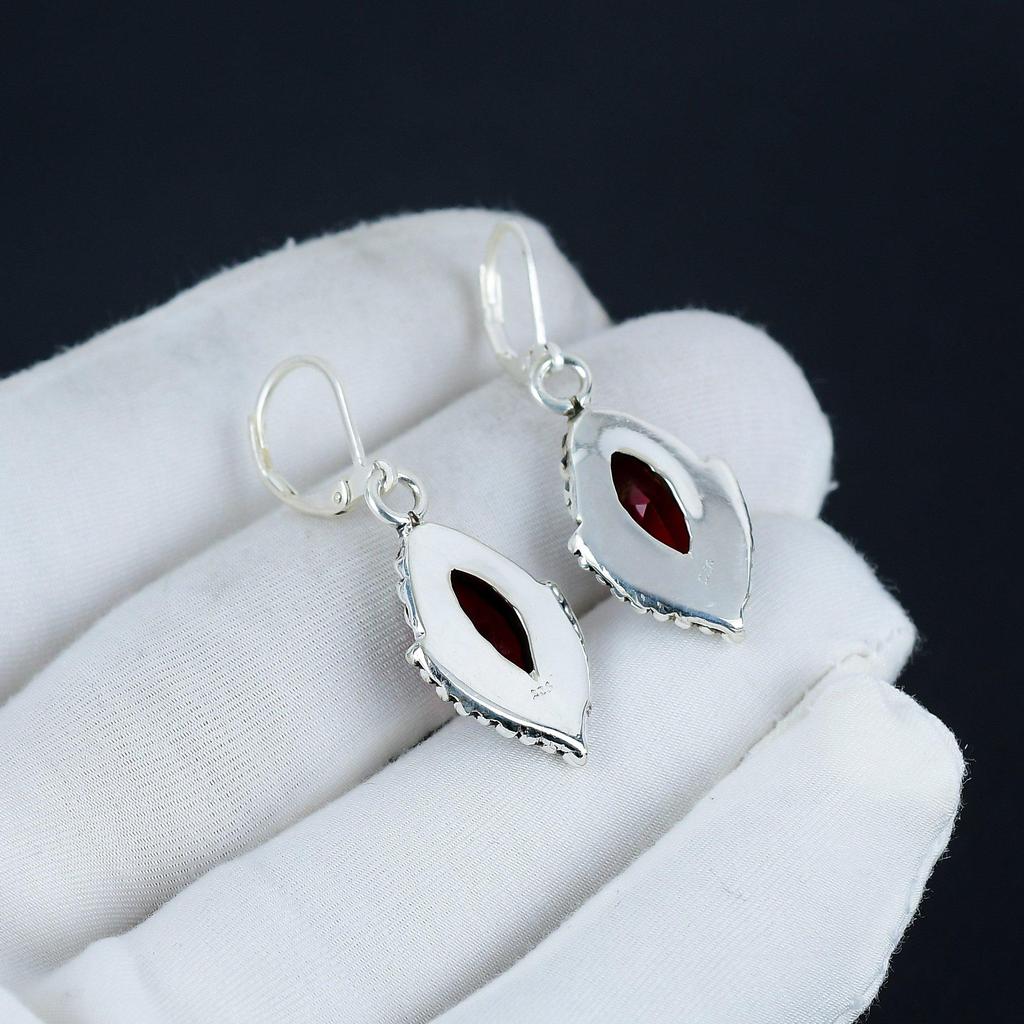 Red Garnet Dangle Earrings, 925 Sterling Silver Handmade Boho Jewelry, Mother's Day Gift