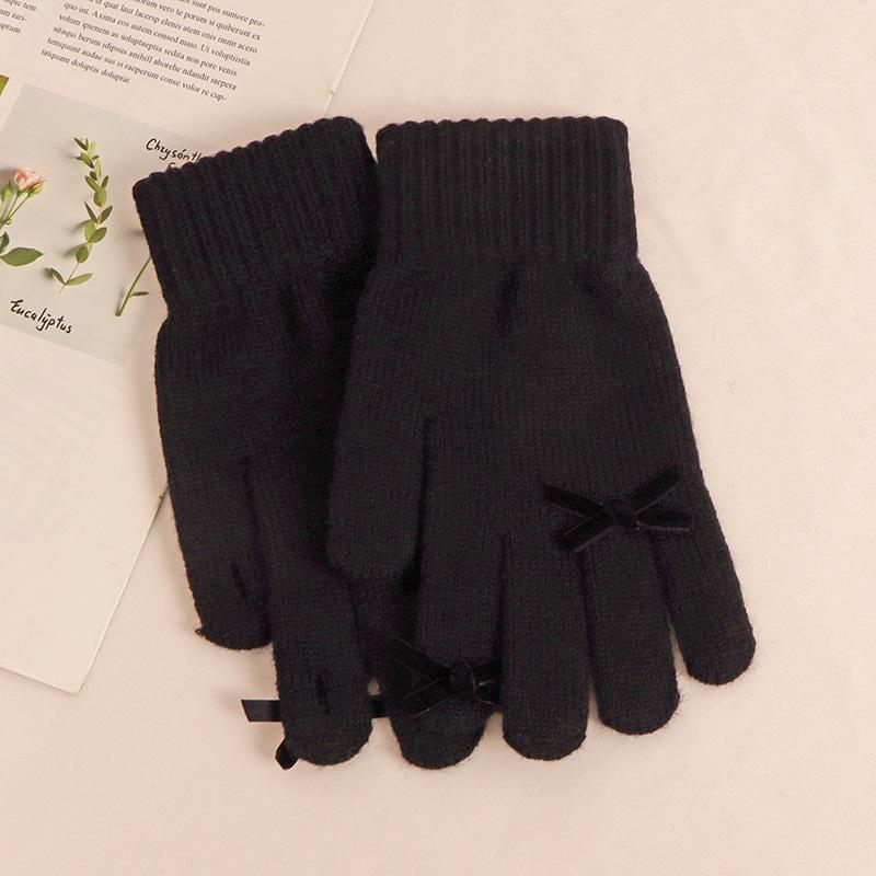 New winter products five fingers solid color warm knitted gloves women's bow student cold-proof wool gloves