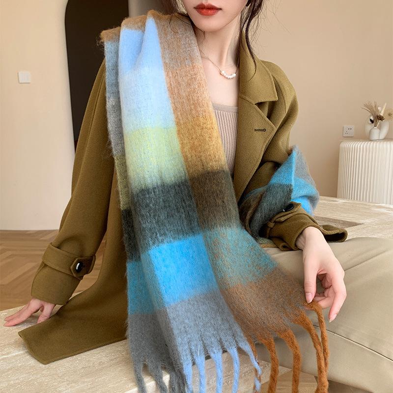 Winter New Scarf Women's Winter Thickened Warm Scarf Colored Plaid Fringed Scarf Shawl Fashionable Outer Cover