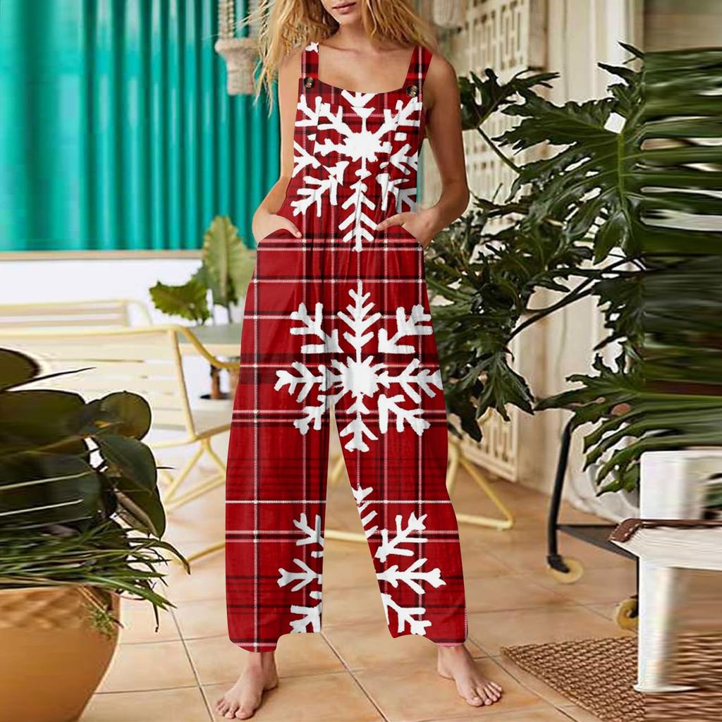 Женский модный повседневный винтажный комбинезон без рукавов с рождественским принтом на пуговицах