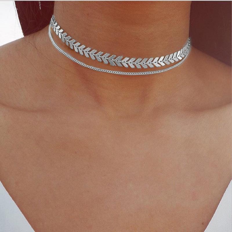 Sequins Fish Bone Shape Fashion Short Choker Necklace Men Women Jewelry
