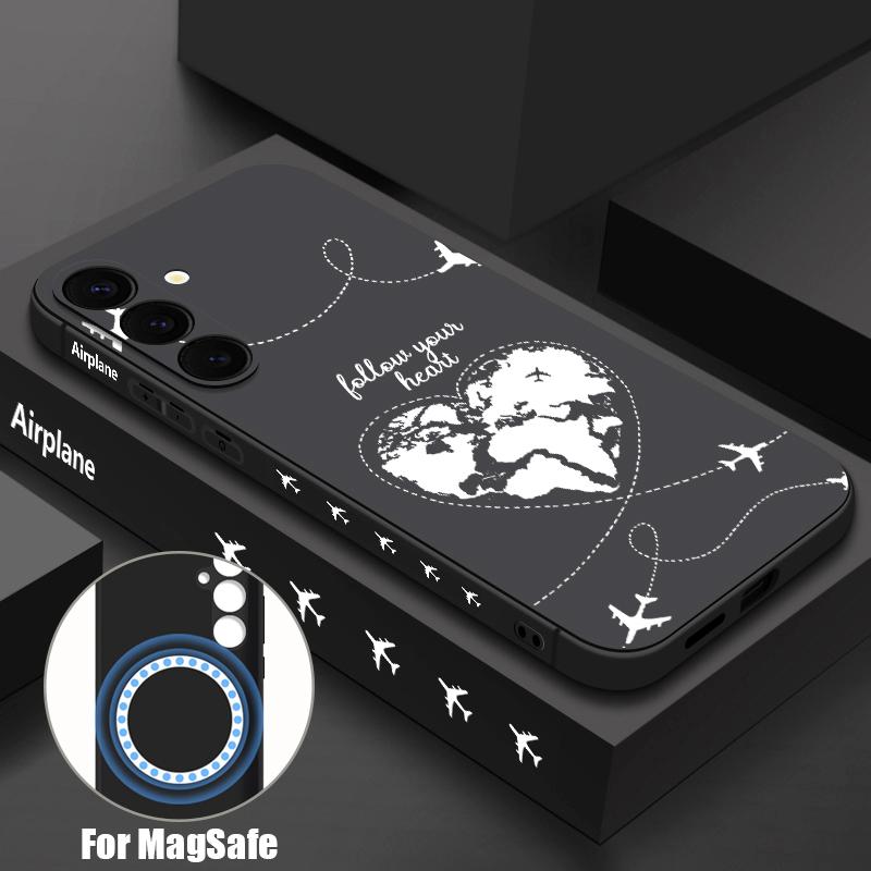 Магнитный Чехол Для Magsafe Для Samsung Galaxy S25 Ultra S24 Plus S23 S22 S21 FE Глобальный Полет Принт Самолета Мягкая Силиконовая Крышка