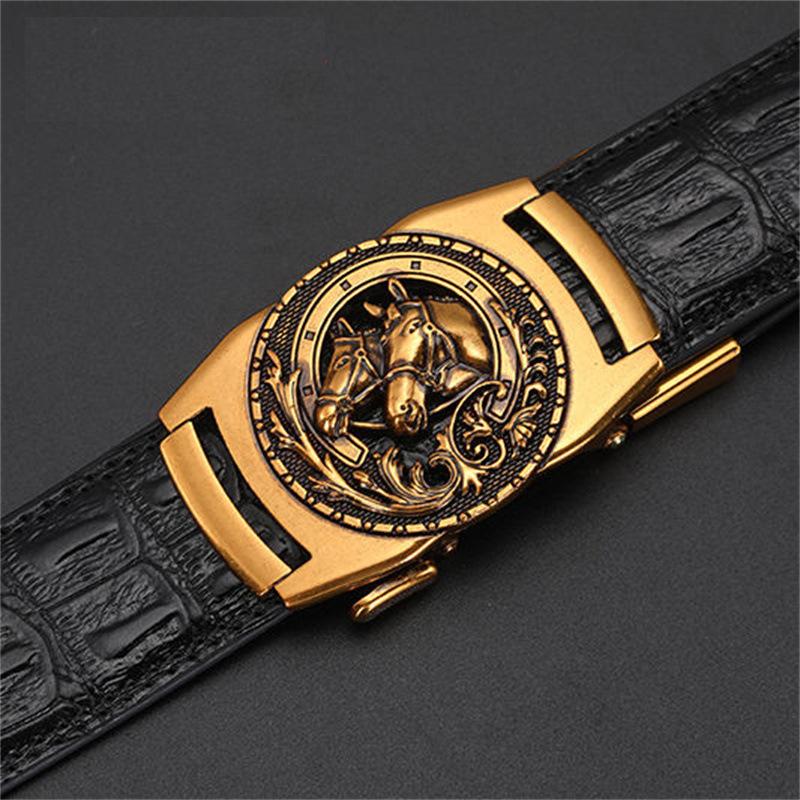 Men's Leather Belt with Automatic Buckle, Genuine Leather, Bronze Buckle, Faucet for Middle-aged and Young Business Casual Pants
