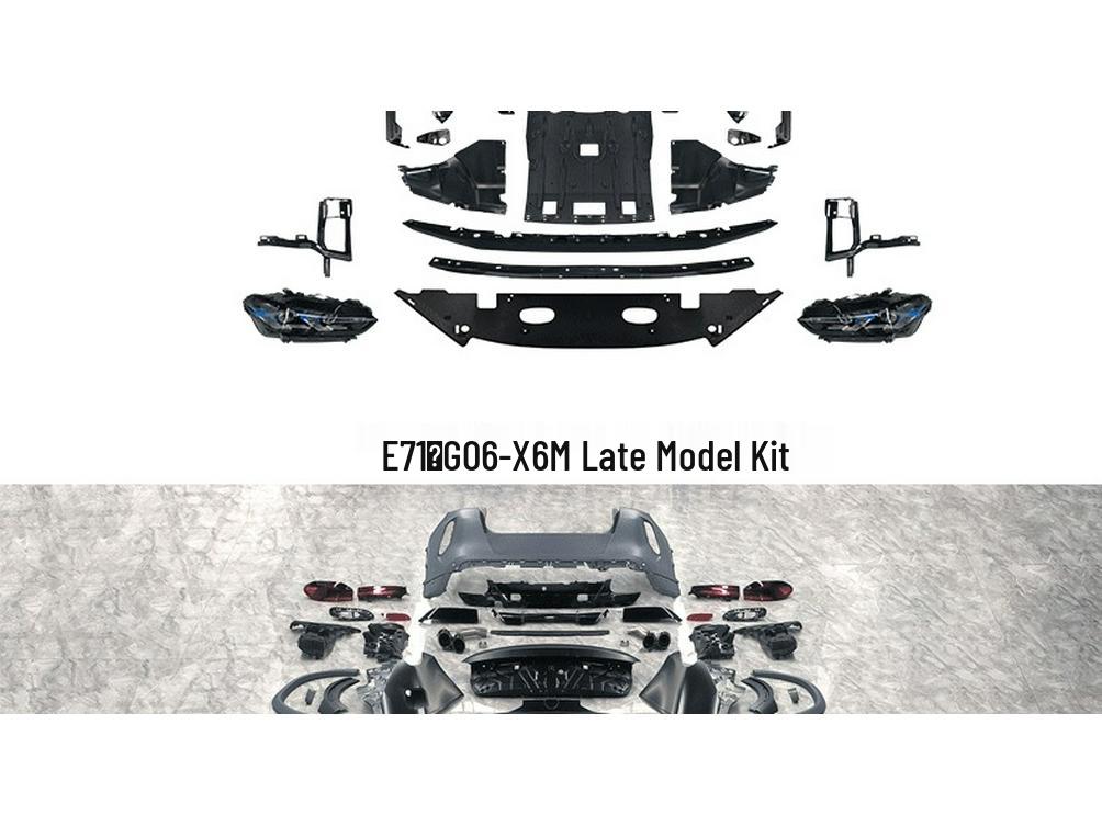 BMW E71 to G06-X6M Conversion Kit: Front/Rear Bumpers, Headlight Brackets, Fenders, and Engine Hood.