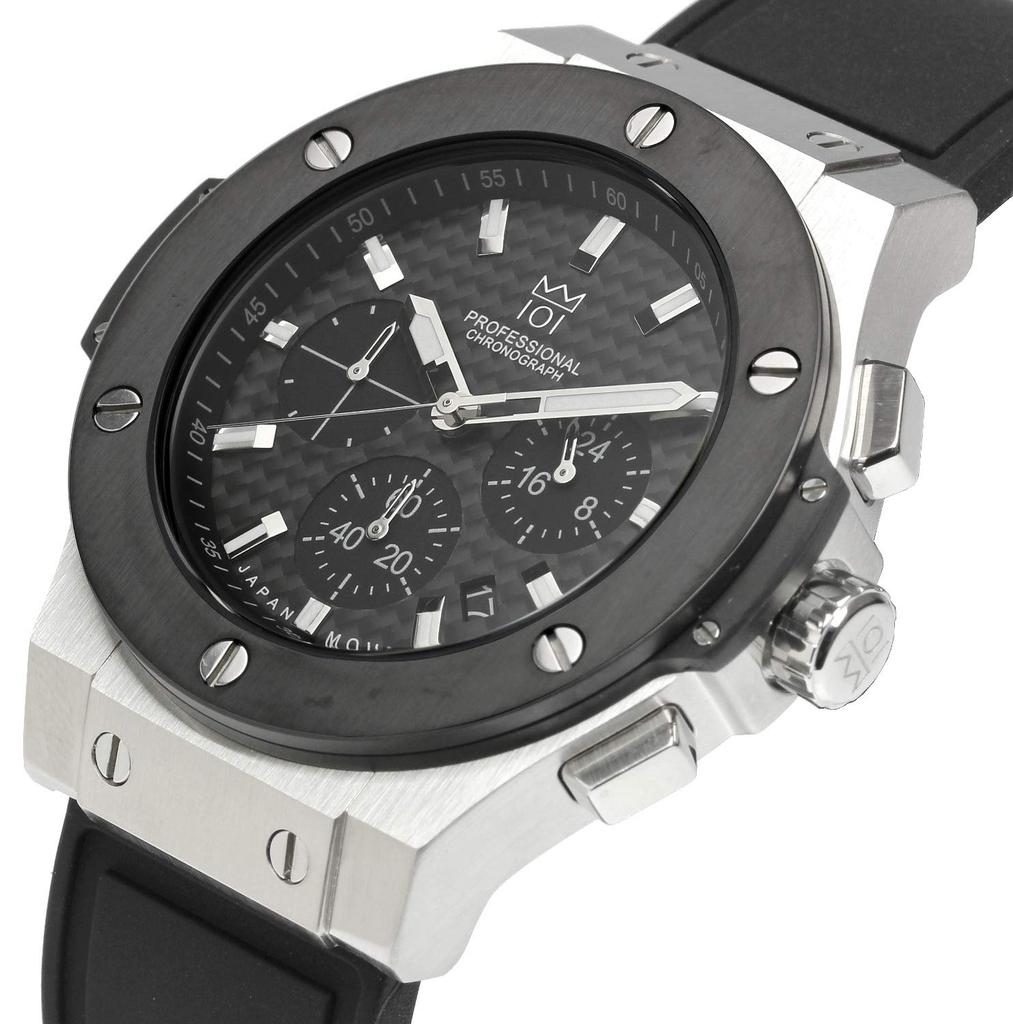 Часы Hyakuichi с водонепроницаемостью 100 м, хронографом, индикацией даты, резиновым ремешком, черным и серебристым углеродным волокном [HYAKUICHI 101] № 8, мужские