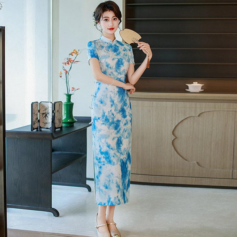 Blue national style new Chinese long cheongsam improved new young women's high-end sense retro short sleeve summer