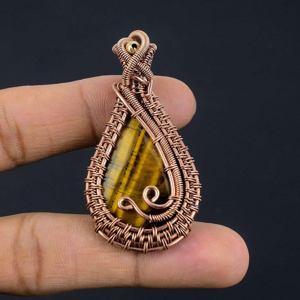 Tiger Eye Pendant, Handmade Gemstone 999 Copper Wire Wrapped Pendant Antique Jewelry, For Gift Silver Jewelry