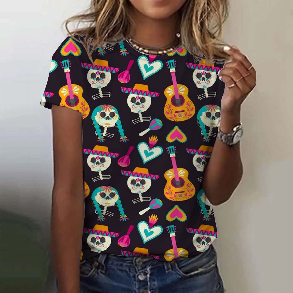 Summer Round Neck 3D Colorful Skull Pattern Print Top Fashionable Casual Short Sleeved Women's T-shirts