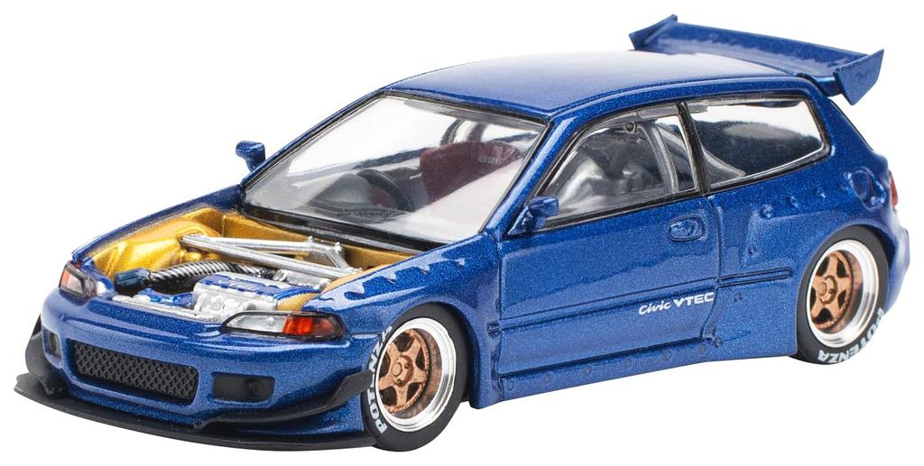 POP RACE Pandem Civic EG6 Metallic Blue Open Bonnet Finished Model PR640174 1/64