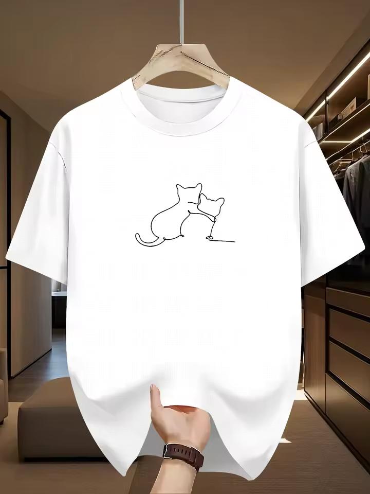 Hugging Cats Line Art Tee T Shirt Men Women Short Sleeve Minimalist Pet Print Crew Neck Cotton Daily Casual Tee