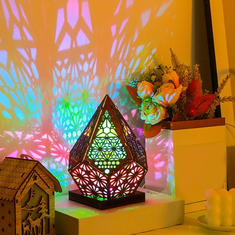 Светодиодная настольная лампа в стиле бохо, лампа со звездами, многоцветная 3D-геометрическая проекционная лампа, винтажная ночная лампа с эффектом окружающей среды, декоративные украшения