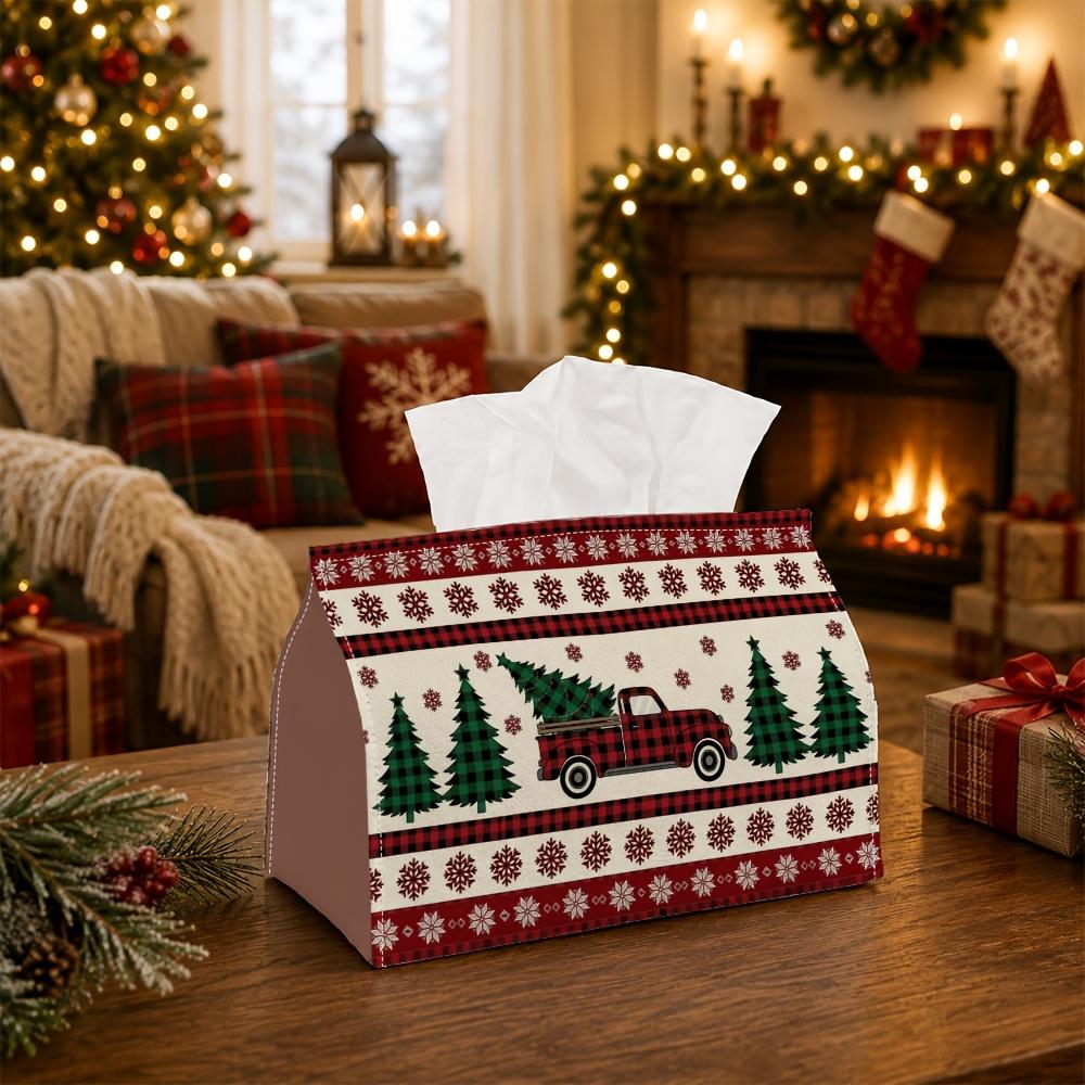 1pc Nordic Vintage Truck Tissue Box with Pine Tree - Suitable for Rolls/Facial Tissues & Single Sheets Storage, Napkin Holder for Christmas Home, Car,