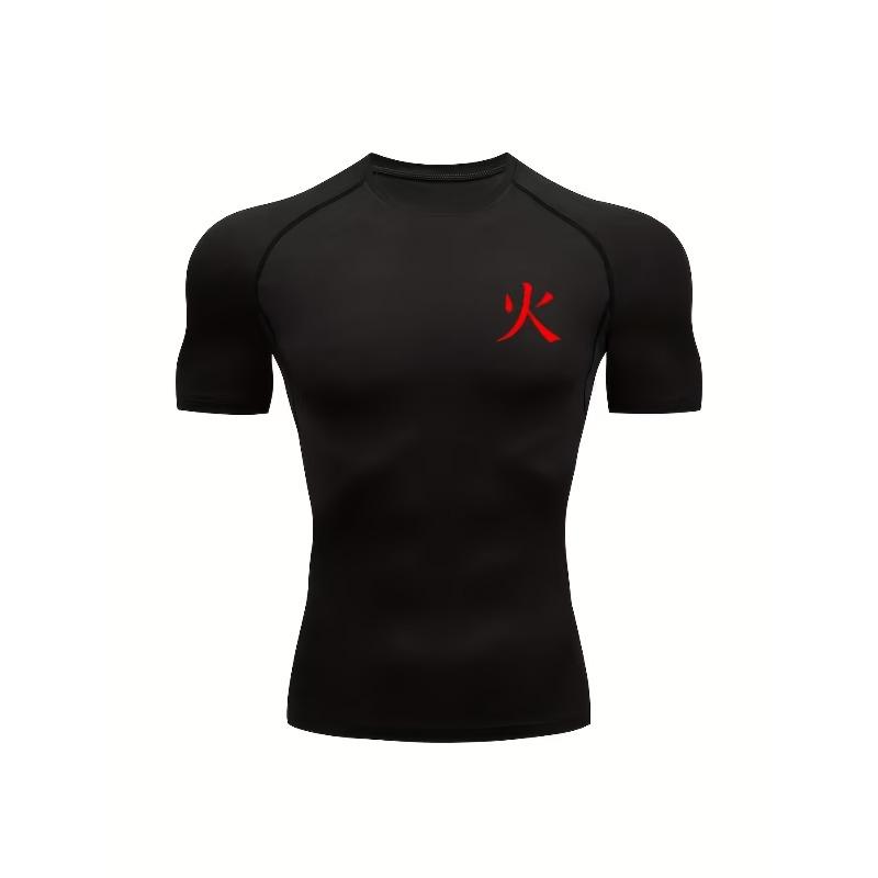 Men's Chest Minimalist Red Kanji Print Compression Shirt High Elasticity Moisture Wicking Sportswear