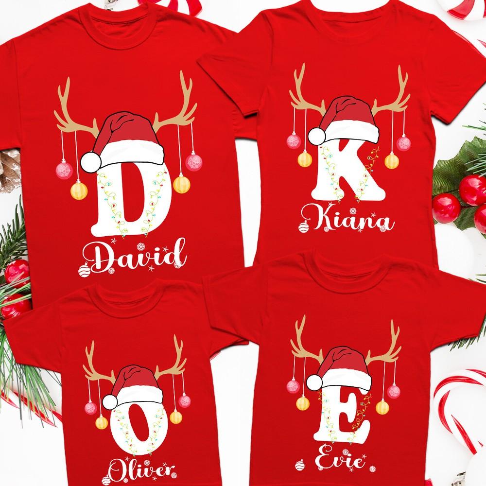 Personalized Christmas TShirt With Lights Antlers Santa Hat Family Holiday Tee