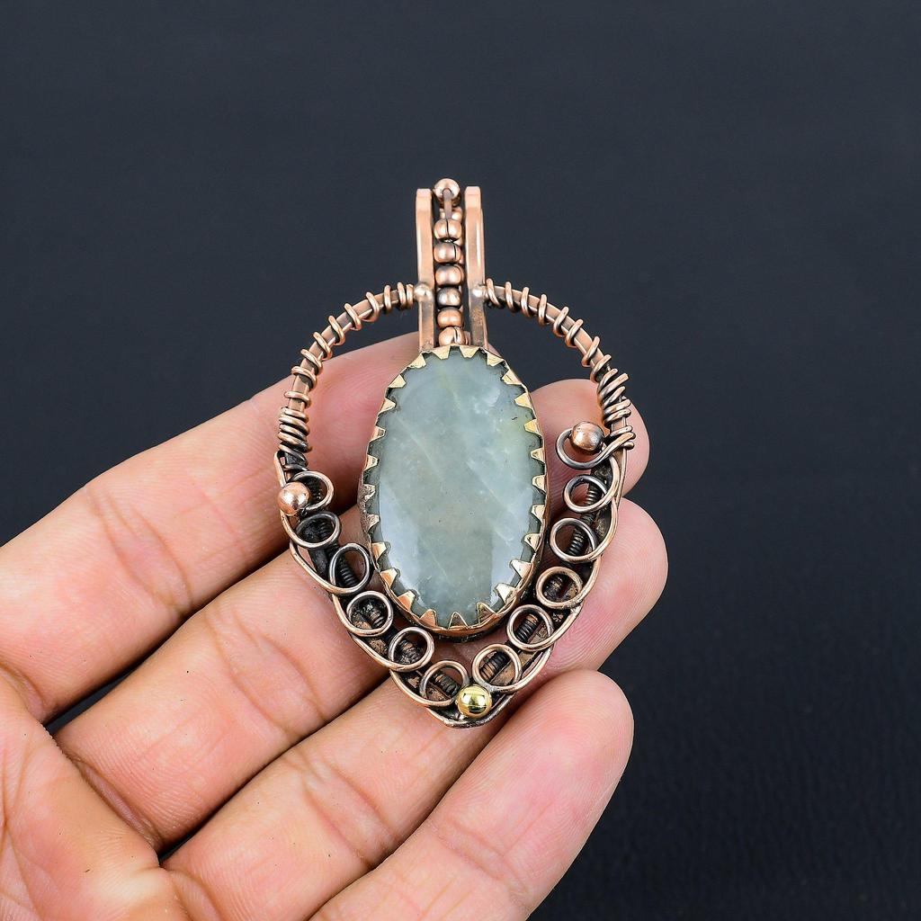 Amazing Aquamarine Gemstone Handmade Jewelry Pure Copper Wire Wrapped Pendant