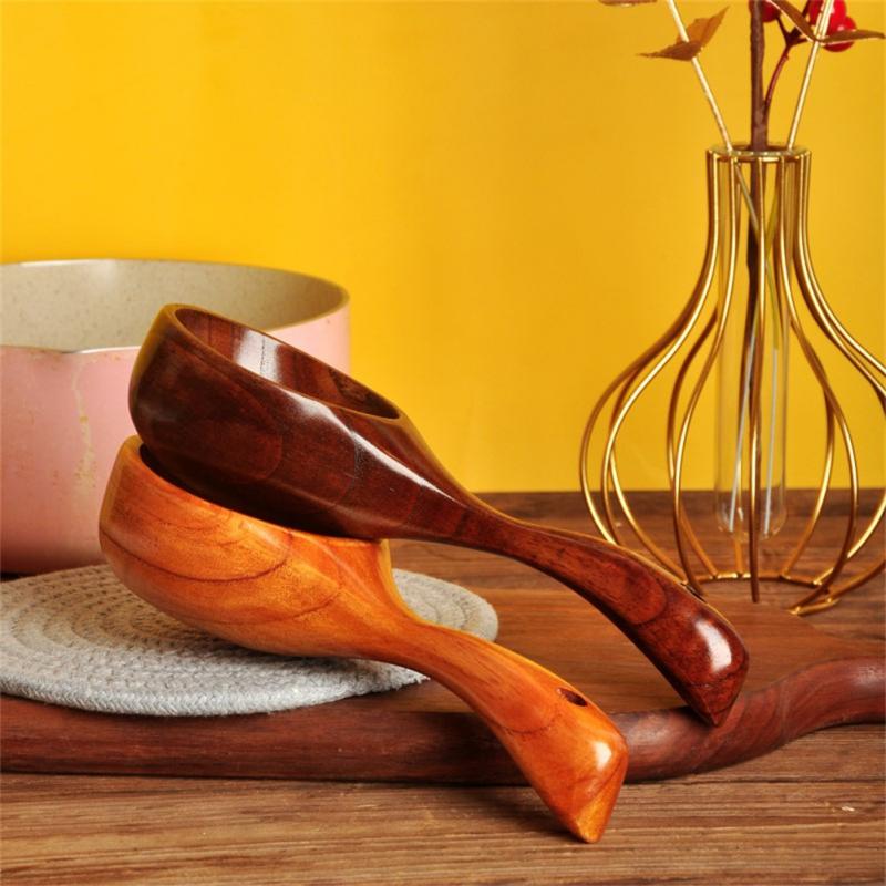 Natural Wooden Eating Tableware Wooden Spoon Water Scoop Japanese Style Rice Spoon Household Long Handle Rice Spoon Large