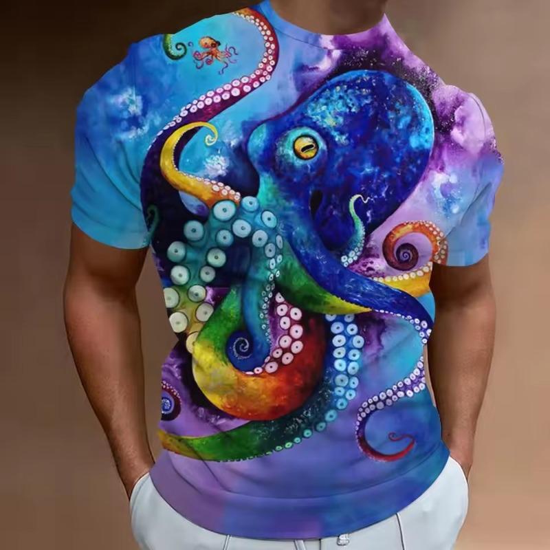 Мужская новая летняя футболка с коротким рукавом и 3d-принтом Hd с круглым вырезом и принтом «Океан», осьминог, индивидуальный ретро, ​​свободный топ больших размеров