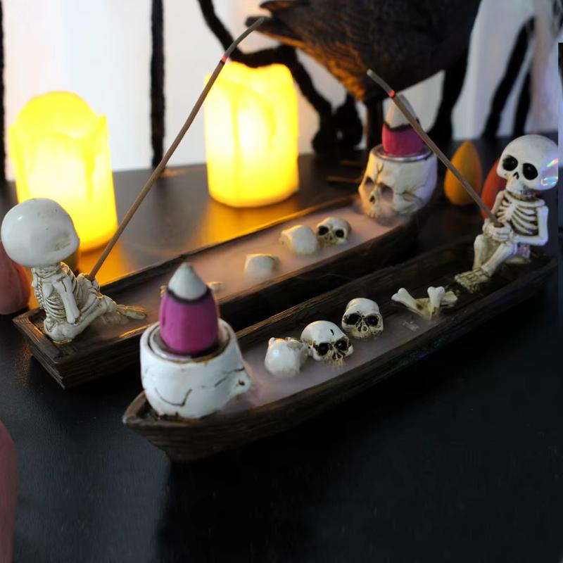 Skull Boat Shaped Incense Holder Vintage Style Incense Burner Stand for Study Room Tea House Meditation Space Decor