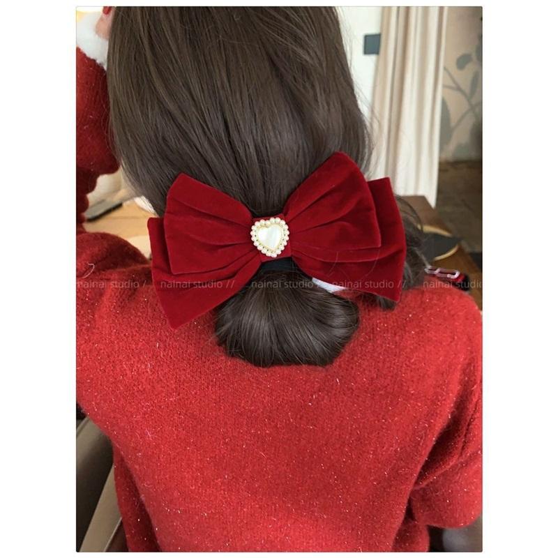 Cat Eye Heart Bow Velvet Hair Clip Women Retro Wine Red French Elegant Pearl Back Head Hair Accessories