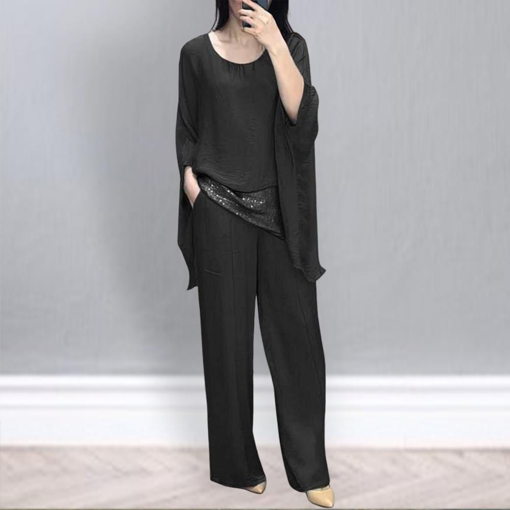 Женский повседневный костюм, топ, широкие брюки, свободный наряд для дома, вечеринки, офиса, с круглым вырезом, с рукавами «летучая мышь», комьютерный костюм