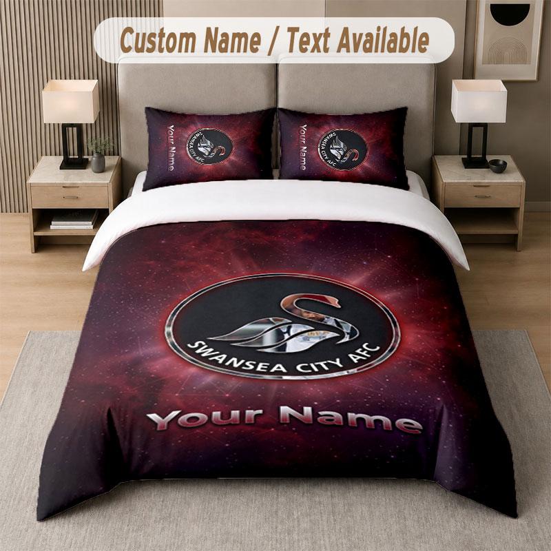 Custom Bedding Set Swansea City FC Pattern, Print Name Text 1 Duvet Cover plus 2 Pillowcases Home Textile