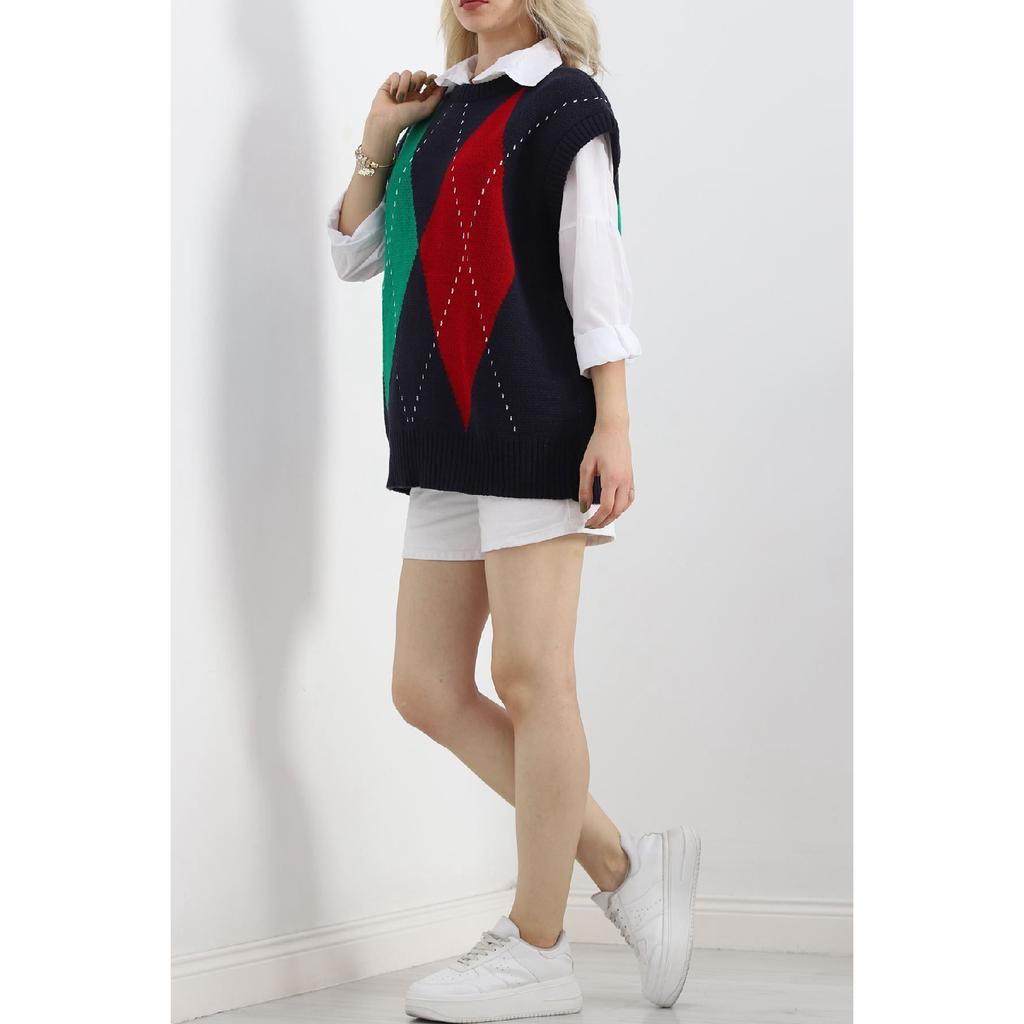 Crew Neck Ethnic Plaid Patterned Comfort Model Oversize Knitwear Sweater Long Sweater Hijab - 18593