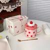 1Pcs 390Ml Ceramic Cup High Value Mug Strawberry Cake Cup Girls Cute Water Cup With Lid Home Milk Breakfast Cup