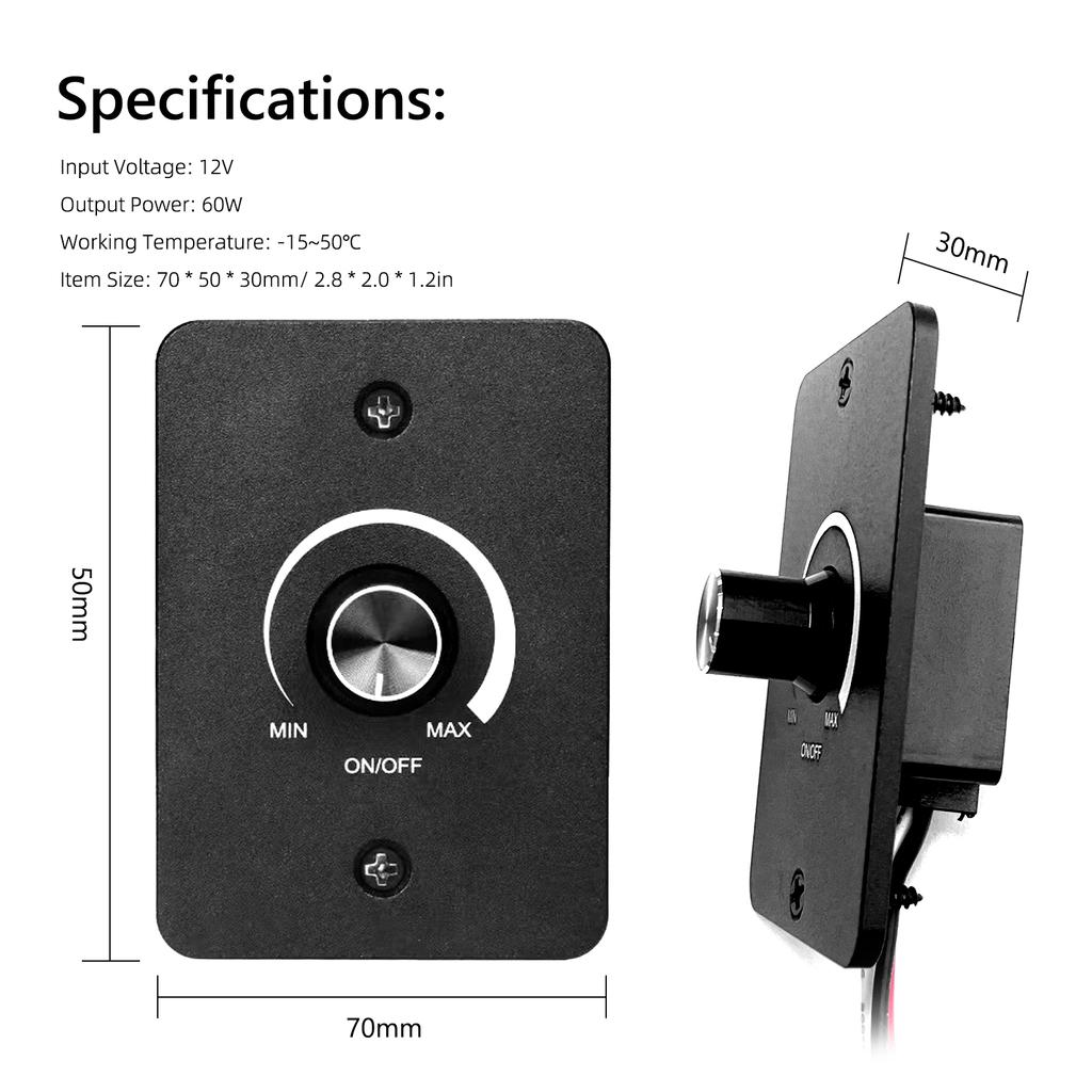 RV Dimmer Switch 12V 5A 60W Dimming Knob PWM Dimming Switch for LED Light Fixture, Halogen, Incandescent, StripLights