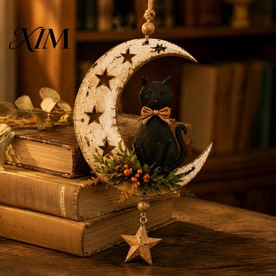 Boho Witchcraft Style Decoration Crescent Moon Black Cat Hanging Ornament, on Wall Decor, Decorative Figurine Rustic Star Door Window Pendant
