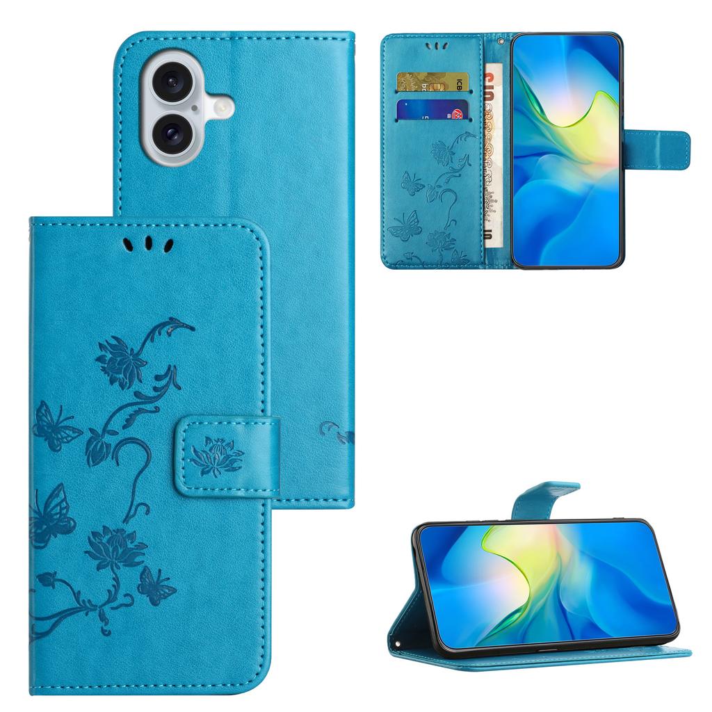 For iPhone 17 Case Wallet Stand Imprinted Butterfly Flower PU Leather Phone Cover