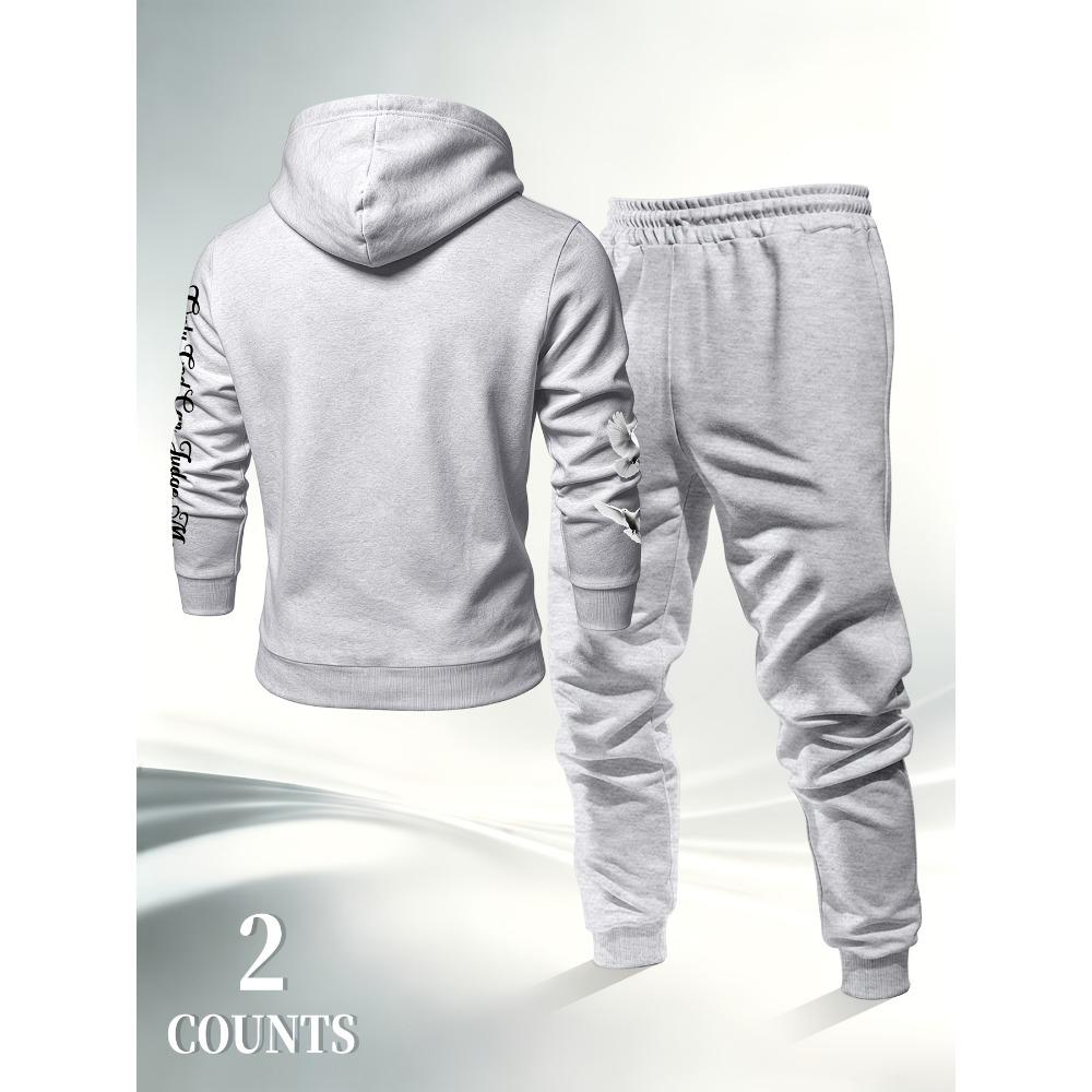 Men's Prayer Hand Peace Dove Printed Hoodie Set Drawstring Foot Tight Two Piece Set Trendy Retro Casual Sports