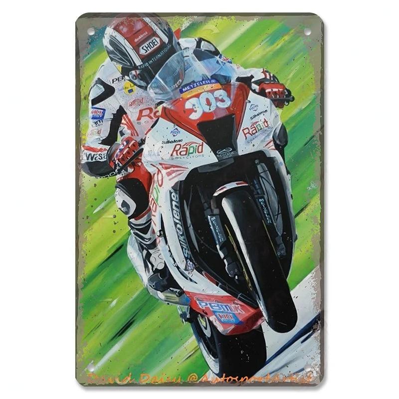 Хисун Металлическая табличка Винтажная Мотогонщик MotoGP Металлическая жестяная табличка Ретро Мотоциклетные гонки Железная живопись Настенное искусство Классический Мотоциклист Декоративная табличка f