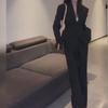 French High-End Black Blazer and High-Waist Slim Wide-Leg Pants Suit for Women - Autumn 2025 Fashion