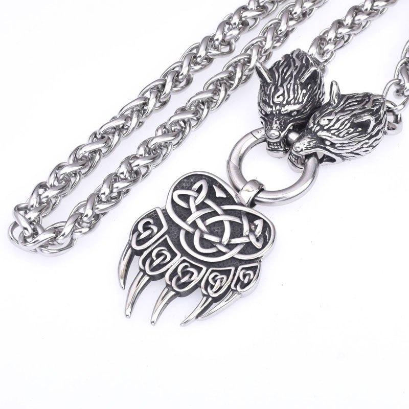 One Nordic men's Viking bear paw and wolf head pendant necklace, a fashionable and trendy necklace, a punk hip-hop party accessory.