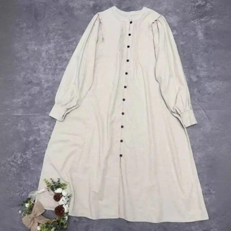 Johnature Японское платье на пуговицах с цветочным принтом, свободное весеннее платье с длинными рукавами, повседневное однотонное женское платье из хлопка Mori