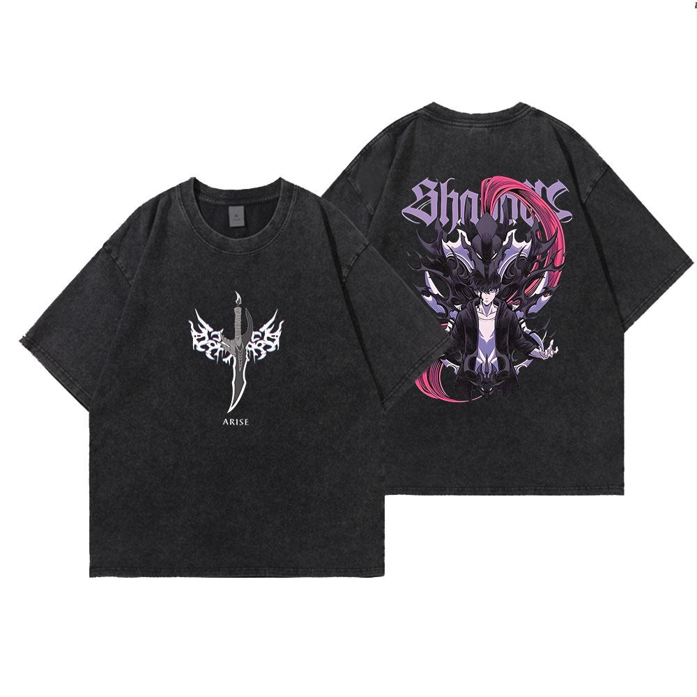 Anime Solo Leveling Print Vintage Washed Tshirt Harajuku Graphic Men Women Summer T Shirt Casual Cotton Loose Top